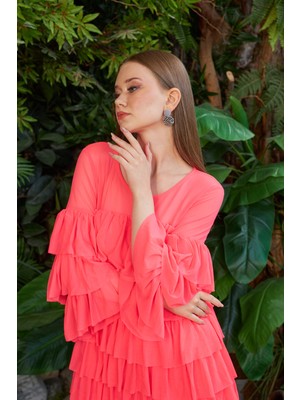 Marina Boutique Fırfırlı Neon Pembe Tül Elbise