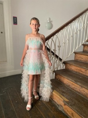 Butik Happy Kids Kız Çocuk Abiye Kısa Payetli Elbise Etekleri Kat Kat Renkli Kız Çocuk Abiye 8-16 Yaş