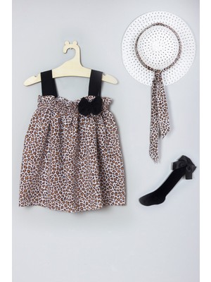 Ada Bebek Çocuk Şapkalı Leopar Desenli Elbise Dizaltı Fiyonk Çorap Set 008