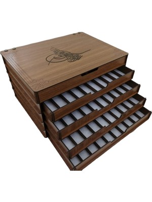 Aswood Kişiye Özel Isim Yazılabilir Ahşap 5 Katlı Tuğralı Çekmeceli Tesbih Kutusu