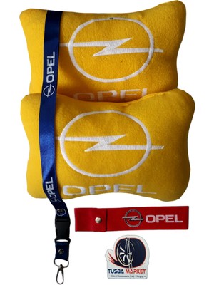 Opel Uyumlu Nakışlı Sarı Polar Ortopedik Seyahat Boyun Yastık / Oto Ayna Askısı & Tampon Çeki Ipi
