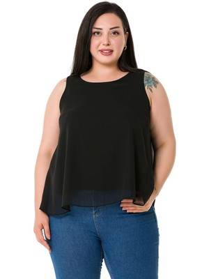 Disentis Modest Büyük Beden Arkadan Bağlama Detaylı Şifon Siyah Bluz