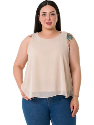 Disentis Modest Büyük Beden Arkadan Bağlama Detaylı Şifon Bej Rengi Bluz