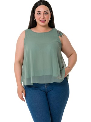 Disentis Modest Büyük Beden Arkadan Bağlama Detaylı Şifon Su Yeşili Bluz