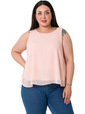 Disentis Modest Büyük Beden Arkadan Bağlama Detaylı Şifon Pudra Bluz