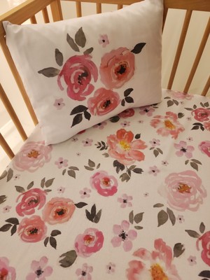 Keby %100 Organik Pamuk Saten Lastikli Çarşaf Set 70×130/20 - Pink Flower