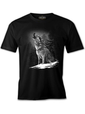 Lord T-Shirt Wolf Howling At The Moon Realistic Siyah Erkek Tshirt