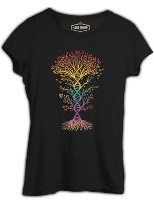 Colorful Tree Shaped Like Dna Siyah Kadın Tshirt