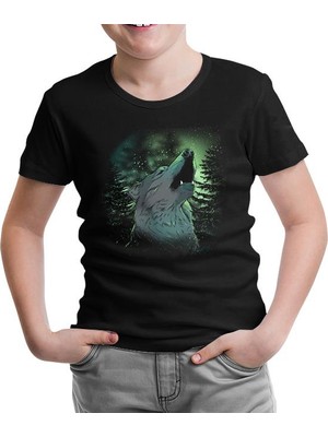 Lord T-Shirt Wolf Howling In A Green Light Forest Siyah Çocuk Tshirt