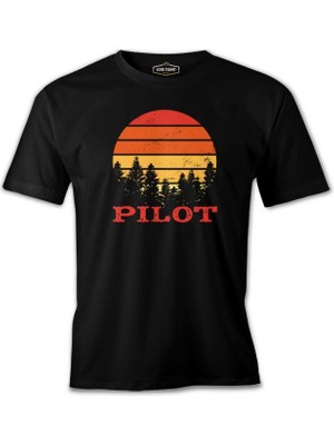 Pilot Quote And Retro Sunset Siyah Erkek Tshirt
