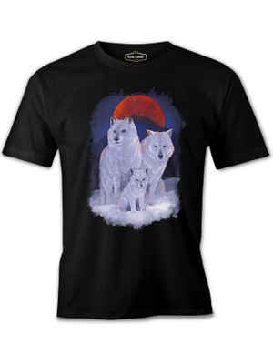 Lord T-Shirt A Wolf Family In Front Of A Red Moon Scene Siyah Erkek Tshirt