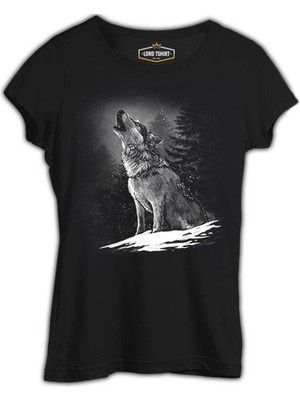 Lord T-Shirt Wolf Howling At The Moon Realistic Siyah Kadın Tshirt