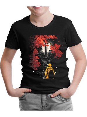 Girl With Yellow Coat Watching Eiffel Tower Siyah Çocuk Tshirt