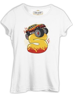 Lord T-Shirt Birthday Monster Truck With Number 5 Beyaz Kadın Tshirt
