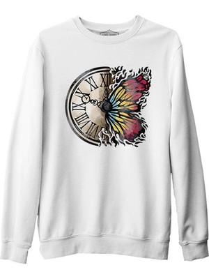Lord T-Shirt A Vintage Clock And A Colorful Butterfly Beyaz Erkek Kalın Sweatshirt