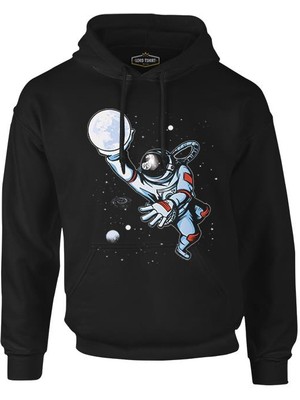 Lord T-Shirt Astronaut Playing Basketball With The Moon Siyah Erkek Fermuarsız Kapşonlu