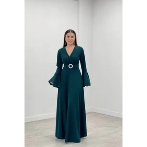 giyimmasalı Krep Kumaş Kolları Volan Detaylı Maxiboy Abiye Elbise - Zümrüt Yeşil