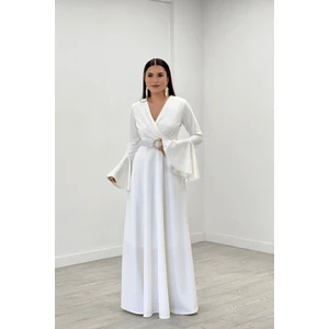 giyimmasalı Krep Kumaş Kolları Volan Detaylı Maxiboy Abiye Elbise - Beyaz