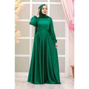 Neva Style Tesettürlü Abiye Elbise - Bağlama Detaylı Yeşil Tesettür Abiye Elbise 3064Y