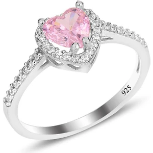 Söğütlü Silver Gümüş Rodyumlu Pembe Taşlı Pırlanta Montürlü Kalp Modeli Yüzük