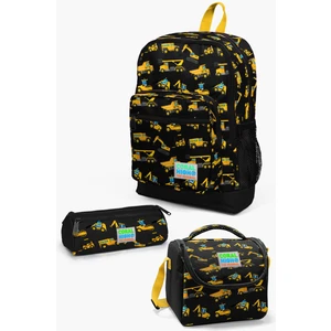 Coral High Kids Siyah Sarı Iş Makinesi Desenli 3'lü Okul Çanta Seti 14.4 Litre Ergonomik Tasarım