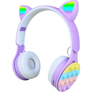 Case 4U B30 Rgb LED Işıklı Kedi Kulağı Band Tasarımı Ayarlanabilir Katlanabilir Kulak Üstü Pop It Bluetooth Kulaklık Mor