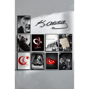 Özcanlar Çerçeve Atatürk Çerçevesiz Çerçeve Görünümlü Atatürk Fotoğrafları 10 Parça Mdf Tablo Seti Atatürk Imzası