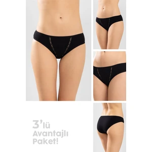 Kadın Pamuklu Zikzak Işlemeli Bikini Kesim Külot 3'lü Paket Siyah