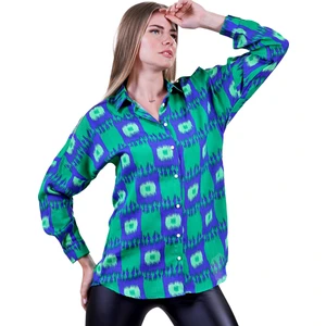 Exve Exclusive Mavi Yeşil Etnik Desenli Oversize Rahat Dokuma Kadın Viskon Uzun Gömlek Tunik