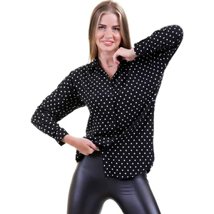 Exve Exclusive Siyah Üzerine Beyaz Puantiyeli Nefes Alan Kadın Viskon Uzun Gömlek Tunik