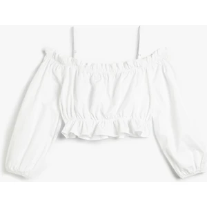 Crop Bluz Omzu Açık Ince Askılı Fırfırlı Büzgülü Pamuklu
