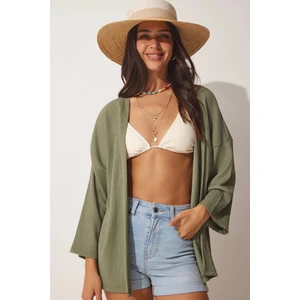 Kadın Haki Önü Açık Katlı Yaka Dokulu Mevsimlik Ceket HZL22S-BD158621