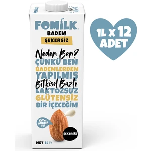 Badem Sütü 1 L X12 Glutensiz Bitkisel Bazlı Laktozsuz Vegan Şekersiz