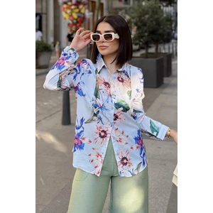 New Laviva Mavi Klasik Yaka, Uzun Kol, Digital Baskılı Kumaş, Regular Kalıp/kesim, Eteği Oval Gömlek