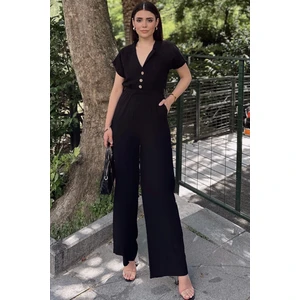 New Laviva Siyah Kısa Kol, Keten/airobin Kumaş, Rahat Kesim, Cepli, Yarım Patlı, Kemerli/kuşaklı Tulum
