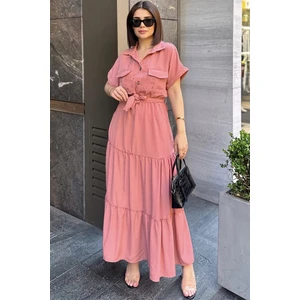 New Laviva Gül Kurusu Kısa Kol, Airobin Kumaş, Yarım Patlı, Kuşaklı, Eteği Pliseli, Cepli Maxi Uzun Elbise