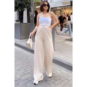 New Laviva Bej Ispanyol Bol Paça, Yüksek Bel, Kaliteli Kumaş, Salaş , Ters Kemer Detaylı Palazzo Pantolon