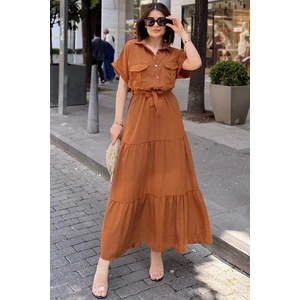 New Laviva Kahve Kısa Kol, Airobin Kumaş, Yarım Patlı, Kemerli/kuşaklı, Eteği Pliseli, Cepli Maxi Uzun Elbise