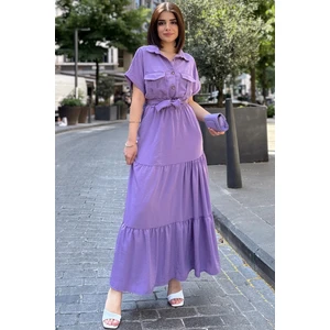 New Laviva Mor Kısa Kol, Airobin Kumaş, Yarım Patlı, Kemerli/kuşaklı, Eteği Pliseli, Cepli Maxi Uzun Elbise