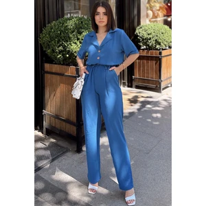 New Laviva Indigo Apaş Yaka, Kısa Kol, Keten/airobin Kumaş, Rahat Kesim, Yarım Patlı, Beli Büzgülü Tulum