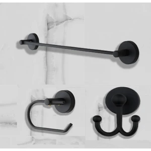 Alper Banyo Alper Siyah Banyo Aksesuar Seti Düz Havluluk Tuvalet Kağıtlığı Bornozluk Yapıştırmalı Montajlı