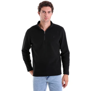 Siyah Regular Fit Düz Yarım Boy Fermuarlı Polar Sweatshirt