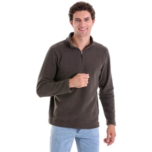 Haki Regular Fit Düz Yarım Boy Fermuarlı Polar Sweatshirt