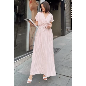 New Laviva Gül Kurusu Kruvaze Polo Yaka, Kısa Kol, Çizgili Yazlık Kumaş, Yırtmaçlı, Kuşaklı, Maxi Uzun Elbise