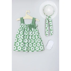 Ada Bebek Çocuk Şapkalı Çiçek Desenli Elbise Babet Çorap Set 008