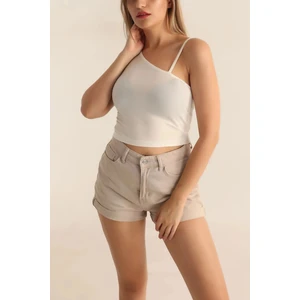 Kadın Beyaz Askılı Tek Omuz Likralı Crop Bluz HZL23S-SND120171