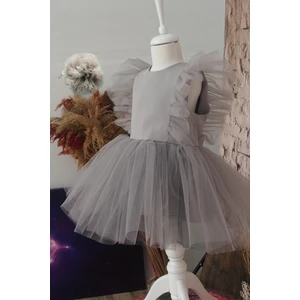 Shecco Babba Kız Çocuk Tül Detaylı Gri Tütü Elbise Bandana Takım Doğum Günü Elbisesi