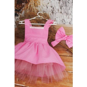 Shecco Babba Pembe Puantiyeli Kız Çocuk Tütü Elbise Bandana Takım 1-10 Yaş Doğum Günü Elbisesi