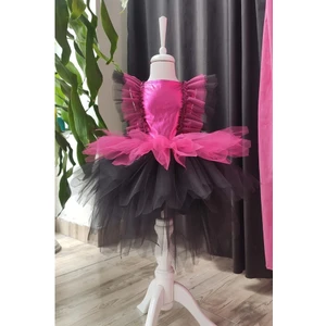 Shecco Babba Fuşya Siyah Kat Kat Kız Çocuk Tütü Elbise, Doğum Günü Elbisesi, Top Bandana