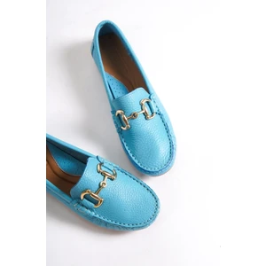 Hakiki Deri 203-M Oval Burunlu Toka Detay Kadın Mavi Babet & Loafer Ayakkabı